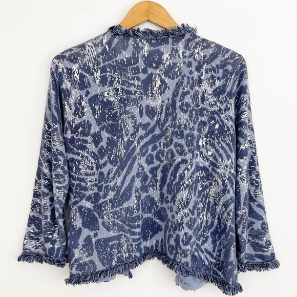 Chico’s Blue Linen Foiled Animal Frankie Fringe Open Front Cardigan Size M - Picture 9 of 16